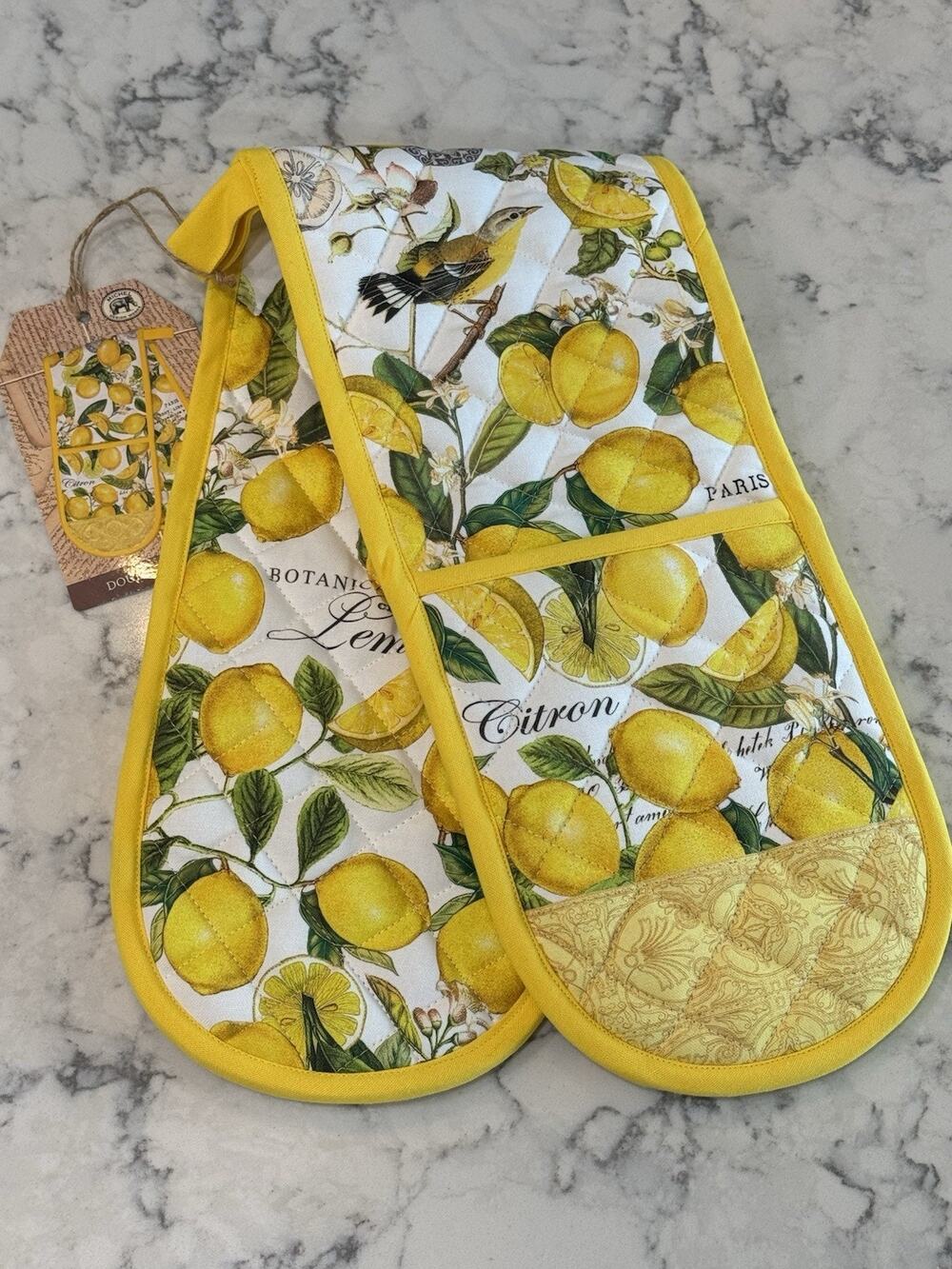 NEW Michel Design Works Cotton Kitchen Double Over Glove Mitt Lemon Basil Birds